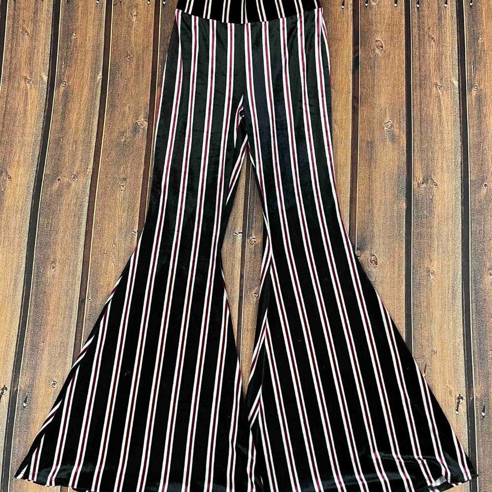Turquoise Haven Women's Wide Bell Bottom Pants Fleece Striped Black Red White